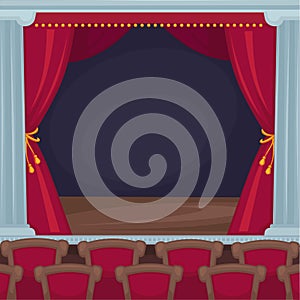 Theatre stage with red velvet curtains and spectator room