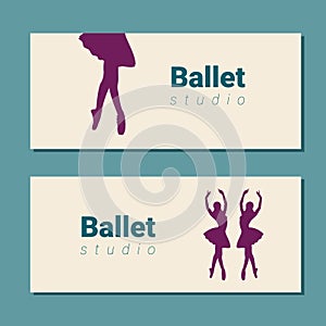 Theatre ticket design. Ballet school flyer template. Ballerina silhouette in the tutu and pointe shoe. Blue and purple