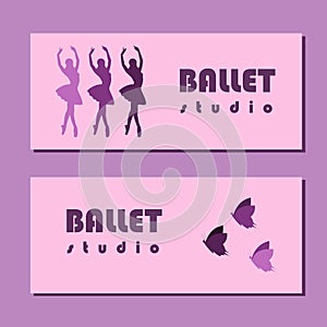 Theatre ticket design. Ballet school flyer template. Ballerina silhouette in the tutu and pointe shoe with butterfly