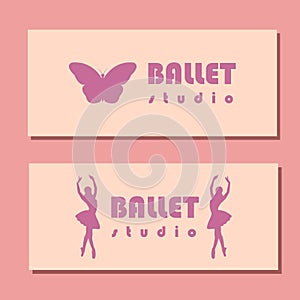 Theatre ticket design. Ballet school flyer template. Ballerina silhouette in the tutu and pointe shoe with butterfly