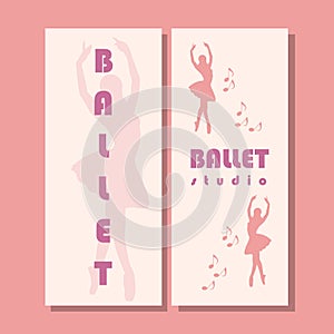 Theatre ticket design. Ballet school flyer template. Ballerina silhouette in the tutu and pointe shoe with butterfly