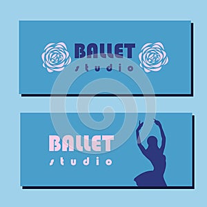 Theatre ticket design. Ballet school flyer template. Ballerina silhouette in the tutu and pointe shoe with flower. Blue