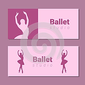 Theatre ticket design. Ballet school flyer template. Ballerina silhouette in the tutu and pointe shoe. Pink and purple