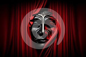 Theatrical actor classic mask on red curatin stage light background