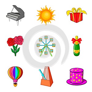 Theatrical evening icons set, cartoon style