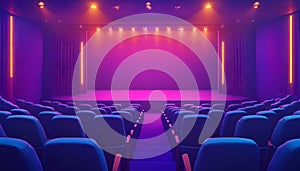 Theatrical interior with a stage and rows of comfortable seats