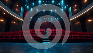 Theatrical interior with a stage and rows of comfortable seats