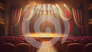 Theatrical interior with a stage and rows of comfortable seats