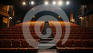 Theatrical interior with a stage and rows of comfortable seats