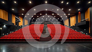 Theatrical interior with a stage and rows of comfortable seats