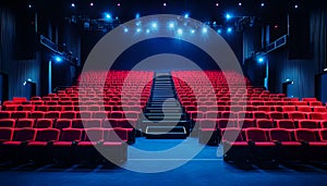 Theatrical interior with a stage and rows of comfortable seats