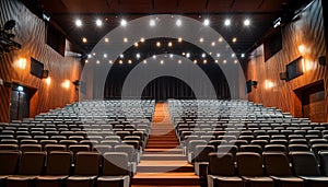 Theatrical interior with a stage and rows of comfortable seats