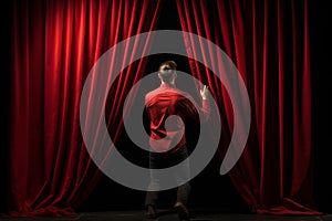 Theatrical Man open red curtains. Generate Ai