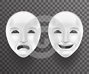 Theatrical Mask Sadness and Joy White Actor Play Face Antique Realistic 3d Transperent Icon Template Background Mock Up