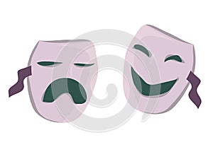 Theatrical masks of comedy and tragedy, classical theater. emotions of masks: sadness, anger and joy, fun. doodle isolates.