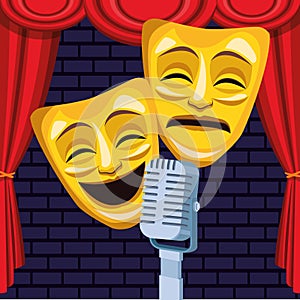 Theatrical masks microphone curtains stage stand up comedy show
