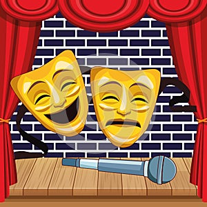 Theatrical masks microphone in wooden floor stage stand up comedy show