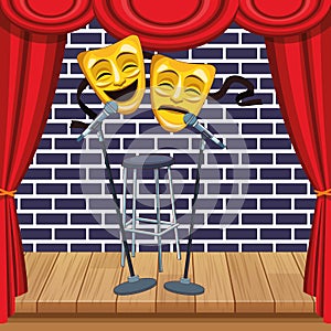 Theatrical masks microphones stool stand up comedy show