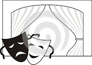 Theatrical masks, scene, curtain