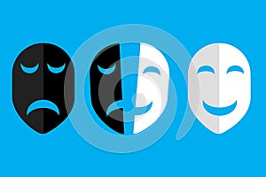 Theatrical masks sign. Blue background. Drama and comedy. Black and white shadows. Vector illustration. Stock image.