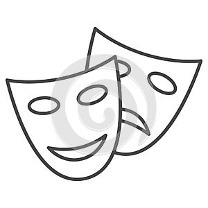 Theatrical masks thin line icon, Sea cruise concept, masquerade sign on white background, Funny and sad theater masks