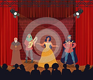 Theatrical performance. Actors performing on stage, vector illustration. Comedy, drama. Entertainment. Theatre arts.