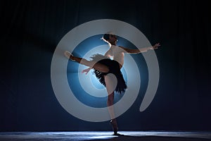 Theatrical performance. Beautiful, tender, graceful ballerina dancing against dark blue background with spotlight