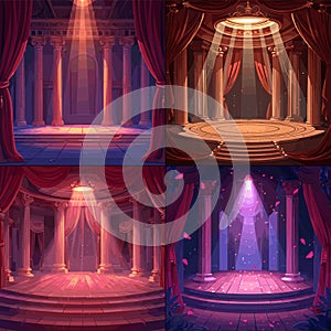 Theatrical scene cartoon concepts. Empty wooden stone columns capitals red velvet curtains spotlights interior bright