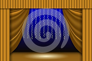 Theatrical scene. Theater curtain, lights garlands and searchlight beam. Scene background