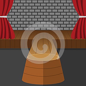Theatrical Scene Vector. Performance. Stage Podium. Red Velvet Curtains. Event Show. Wooden Floor. Flat Cartoon Illustration for