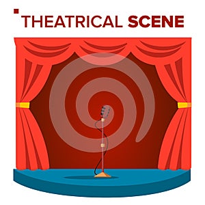 Theatrical Scene Vector. Performane. Stage Podium. Red Velvet Curtains. Event Show. Isolated Flat Cartoon Illustration