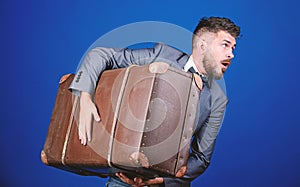 Theft of century. Thief run away with heavy suitcase. Delivery service. Travel and baggage concept. Hipster traveler