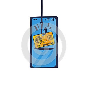 Theft of data from smartphone. Credit card on a hook. Vector sketch.