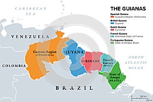 The Guianas, also Guyanas or Guayanas, region in South America, political map