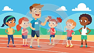 With their coachs guidance a group of kids learn the basics of track and field events while enjoying healthy competition