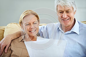 Their nest egg is looking great. a happy elderly couple going over their paperwork together at home.
