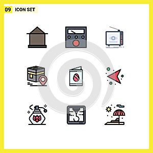 9 Thematic Vector Filledline Flat Colors and Editable Symbols of muslim, pin, ad, kaba, tv photo
