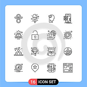 16 Thematic Vector Outlines and Editable Symbols of spaceship, mobile, relaxatio, development, application photo