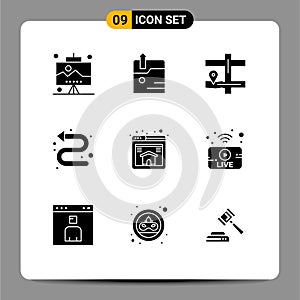 9 Thematic Vector Solid Glyphs and Editable Symbols of utube, page, navigation, home, indicator photo