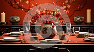 Theme of Chinese Lanterns Surround Exquisite Chinese Tableware Placed On A Table Covered with a Red Cloth On Blurry Background