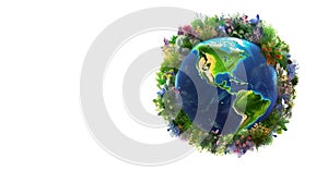 theme is ecology problem, earth planet illustration on white banner, Generative AI