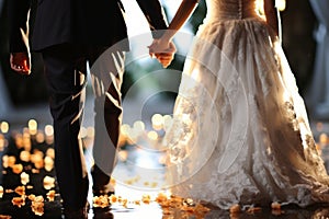 Theme harmonized bride and groom hold hands, reflecting their chosen wedding motif