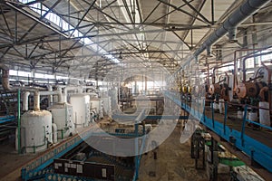 Theme industry and processing of agricultural crops. Equipment and machinery inside the old sugar factory of Soviet times
