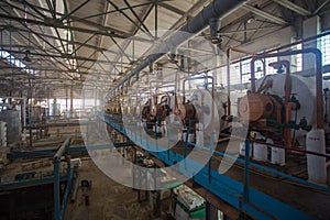 Theme industry and processing of agricultural crops. Equipment and machinery inside the old sugar factory of Soviet times