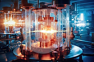 Theme of nuclear fusion. Large experimental setup in a laboratory with plasma being generated at high temperatures photo