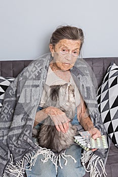 Theme old age, loneliness health care. old grayhaired Caucasian woman with deep wrinkles sitting with pet animal cat