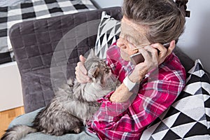 Theme old person uses technology. Mature contented joy smile active gray hair Caucasian wrinkles woman sitting home