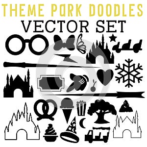 Theme Park Doodles Vector Set with castles, tickets, wants, butterflies, glasses, and Mickey Mouse gloves.