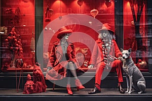 themed holiday store window with mannequins dressed in festive attire