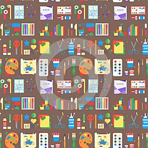 Themed kids creativity creation seamless pattern background flat style with artistic objects for children art school